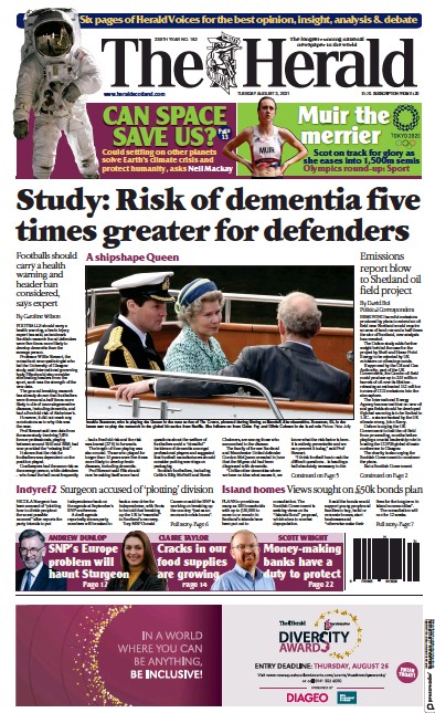 The Herald (UK) Newspaper Front Page for 3 August 2021