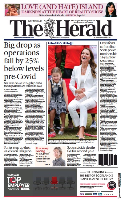 The Herald (UK) Newspaper Front Page for 3 August 2022