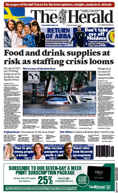 The Herald (UK) Newspaper Front Page for 3 September 2021