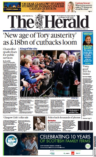 The Herald (UK) Newspaper Front Page for 4 October 2022