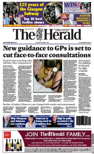 The Herald (UK) Newspaper Front Page for 4 December 2021