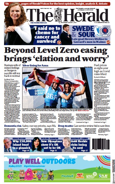 The Herald (UK) Newspaper Front Page for 4 August 2021