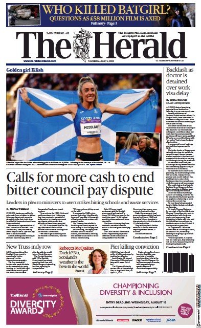 The Herald (UK) Newspaper Front Page for 4 August 2022