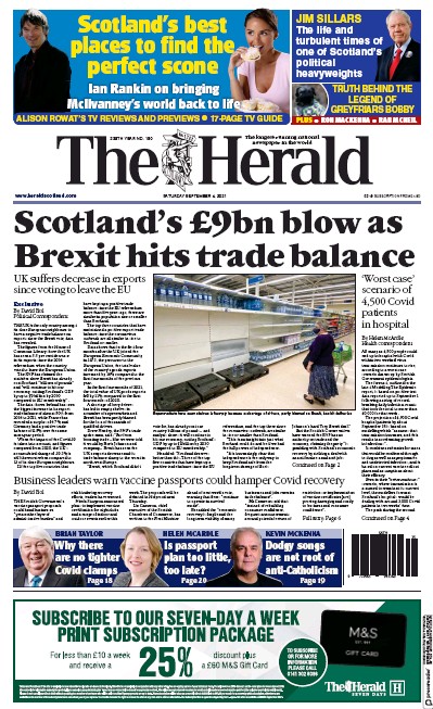 The Herald (UK) Newspaper Front Page for 4 September 2021