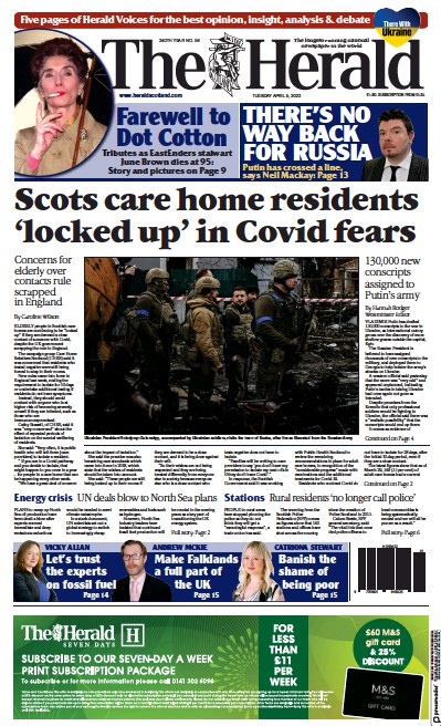 The Herald Newspaper Front Page for 5 April 2022