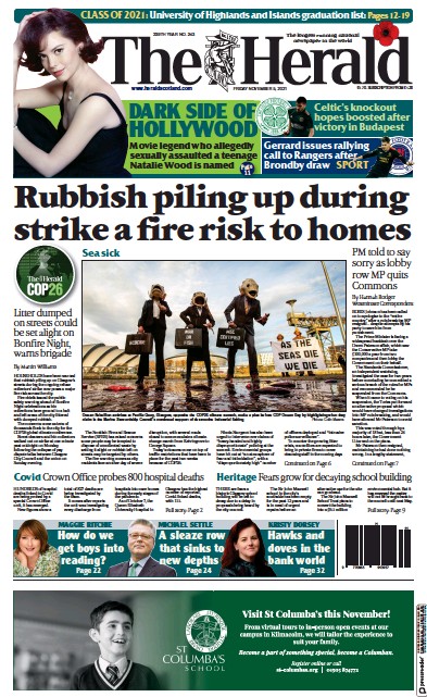 The Herald (UK) Newspaper Front Page for 6 November 2021