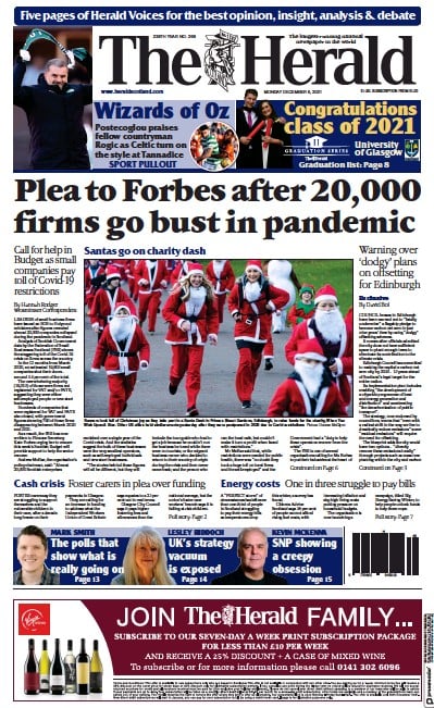 The Herald Newspaper Front Page for 6 December 2021