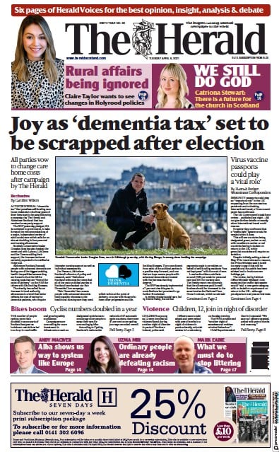 The Herald (UK) Newspaper Front Page for 6 April 2021