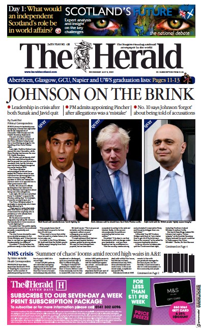 The Herald (UK) Newspaper Front Page for 6 July 2022