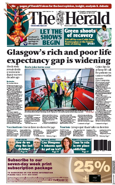 The Herald (UK) Newspaper Front Page for 6 August 2021