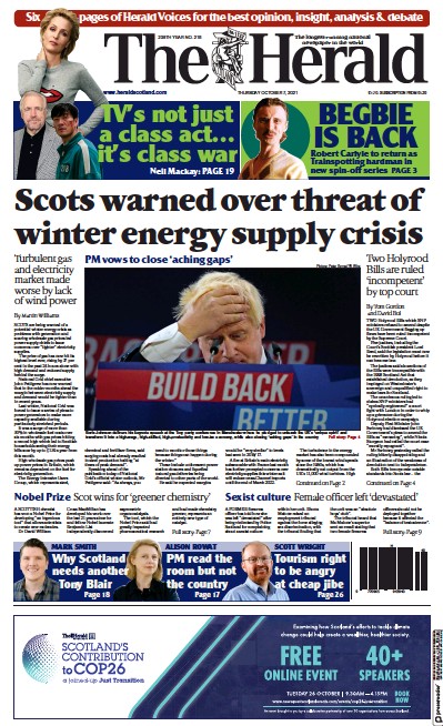 The Herald (UK) Newspaper Front Page for 7 October 2021