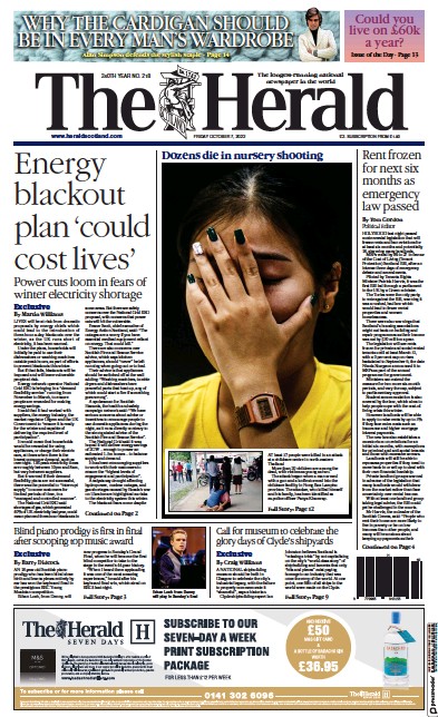 The Herald (UK) Newspaper Front Page for 7 October 2022