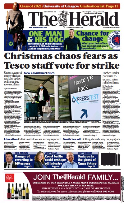 The Herald (UK) Newspaper Front Page for 7 December 2021
