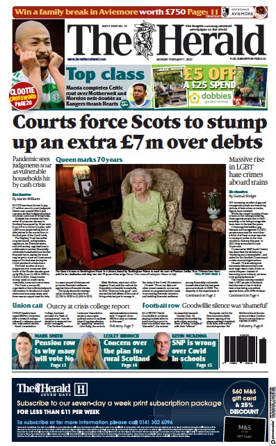 The Herald (UK) Newspaper Front Page for 7 February 2022