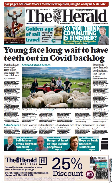 The Herald (UK) Newspaper Front Page for 7 April 2021