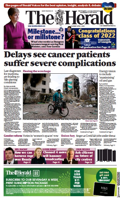 The Herald Newspaper Front Page for 7 April 2022
