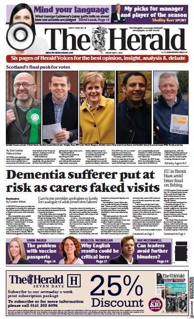 The Herald Newspaper Front Page for 7 May 2021