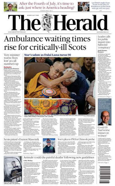 The Herald (UK) Newspaper Front Page for 7 July 2025
