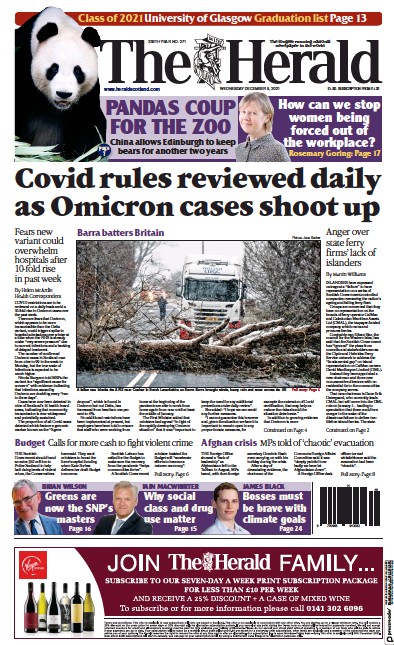 The Herald (UK) Newspaper Front Page for 8 December 2021
