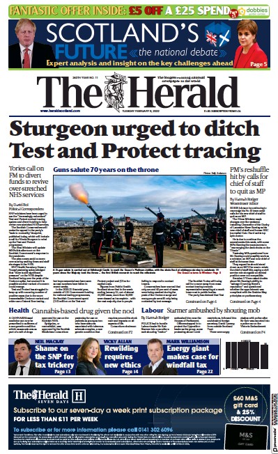 The Herald (UK) Newspaper Front Page for 8 February 2022