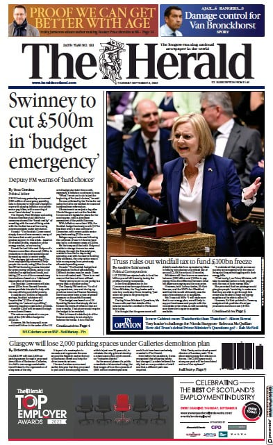The Herald (UK) Newspaper Front Page for 8 September 2022