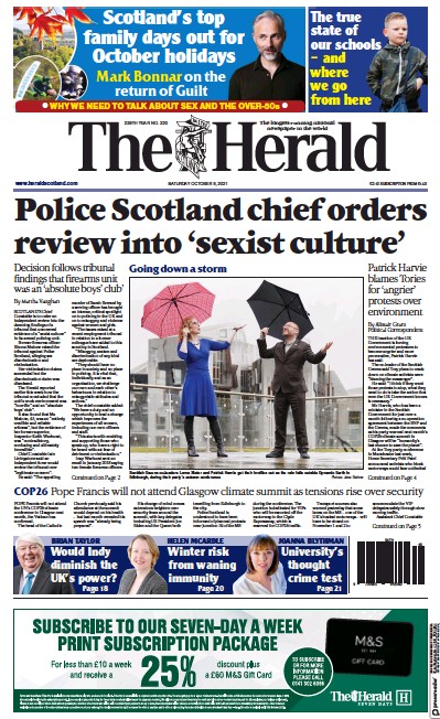 The Herald (UK) Newspaper Front Page for 9 October 2021