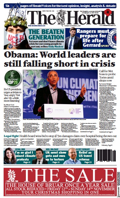 The Herald (UK) Newspaper Front Page for 9 November 2021