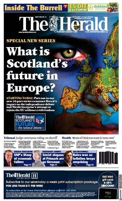 The Herald Newspaper Front Page for 9 February 2022