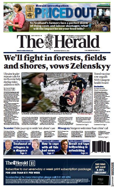 The Herald Newspaper Front Page for 9 March 2022
