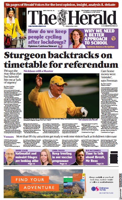The Herald (UK) Newspaper Front Page for 9 April 2021