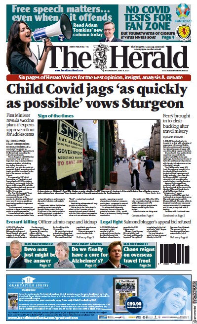 The Herald (UK) Newspaper Front Page for 9 June 2021