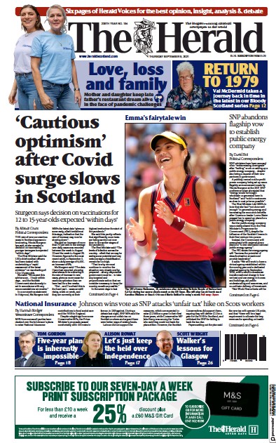 The Herald (UK) Newspaper Front Page for 9 September 2021