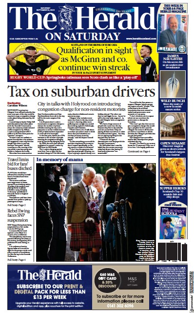 The Herald (UK) Newspaper Front Page for 9 September 2023