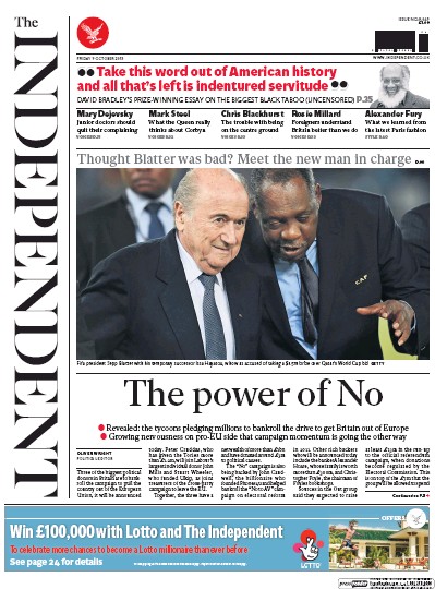 The Independent Newspaper Front Page for 10 October 2015