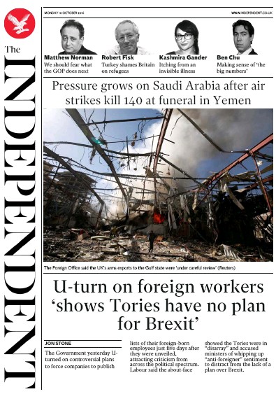 The Independent (UK) Newspaper Front Page for 10 October 2016