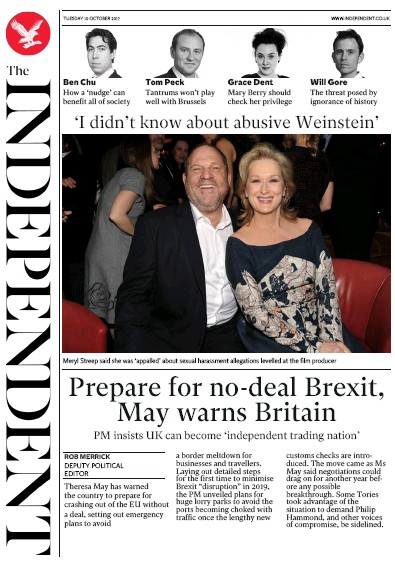 The Independent Newspaper Front Page for 10 October 2017