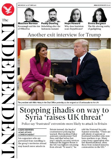 The Independent Newspaper Front Page for 10 October 2018