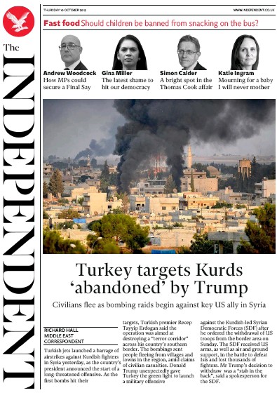 The Independent Newspaper Front Page for 10 October 2019