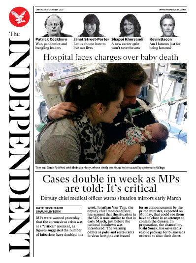 The Independent (UK) Newspaper Front Page for 10 October 2020