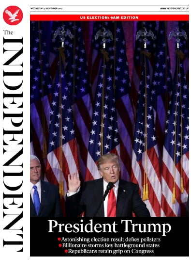 The Independent Newspaper Front Page for 10 November 2016