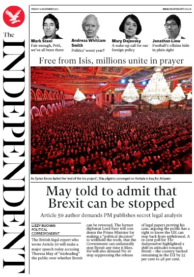 The Independent Newspaper Front Page for 10 November 2017