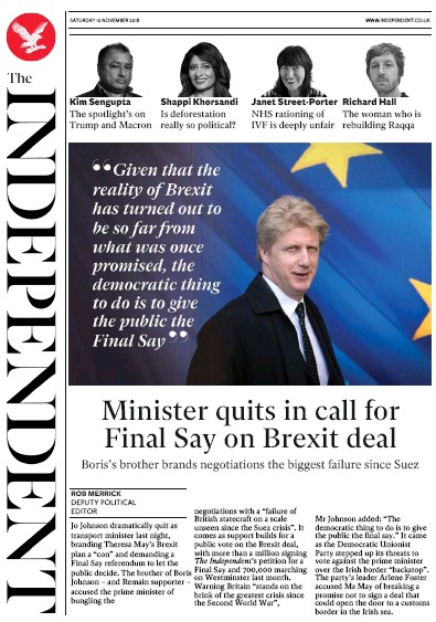 The Independent Newspaper Front Page for 10 November 2018