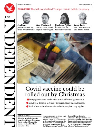 The Independent Newspaper Front Page for 10 November 2020