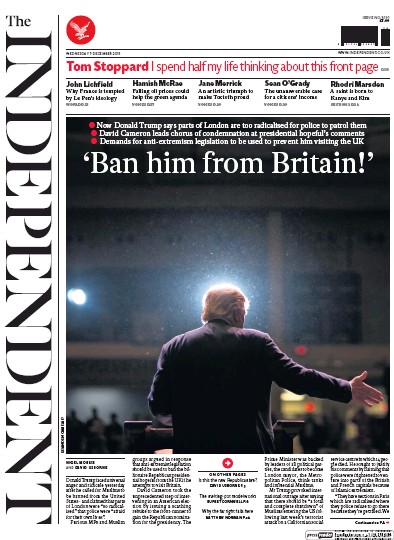 The Independent (UK) Newspaper Front Page for 10 December 2015