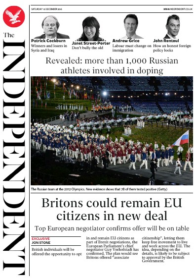 The Independent Newspaper Front Page for 10 December 2016