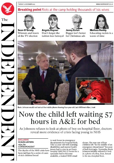 The Independent Newspaper Front Page for 10 December 2019