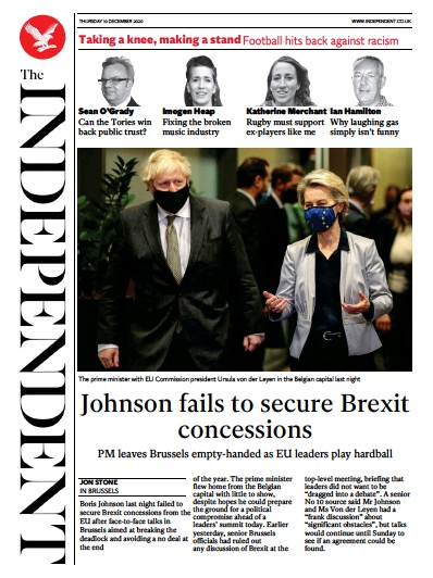 The Independent Newspaper Front Page for 10 December 2020