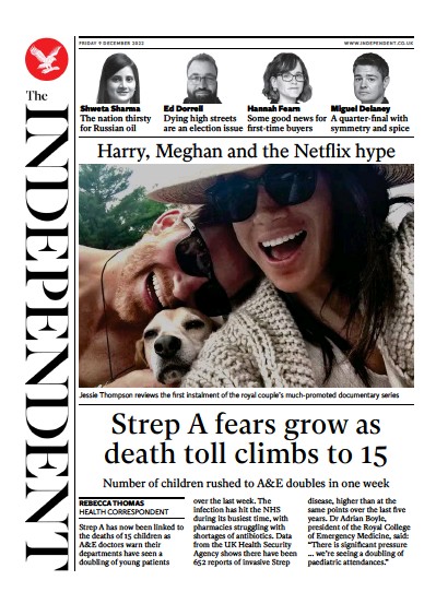 The Independent Newspaper Front Page for 10 December 2022