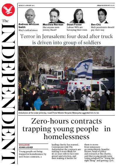 The Independent Newspaper Front Page for 10 January 2017