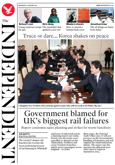 The Independent Newspaper Front Page for 10 January 2018